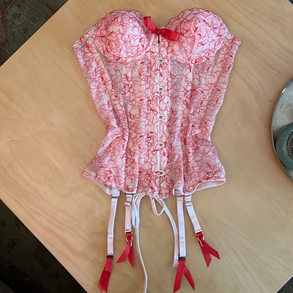 SAVAGE X FENTY Embroidered Lace Corset - Red & Cream